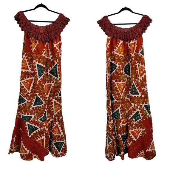 Vtg 70's Dress Handmade Crochet Ruffle Off Shoulder Collar Mermaid Maxi Red Sz M - Picture 1 of 12